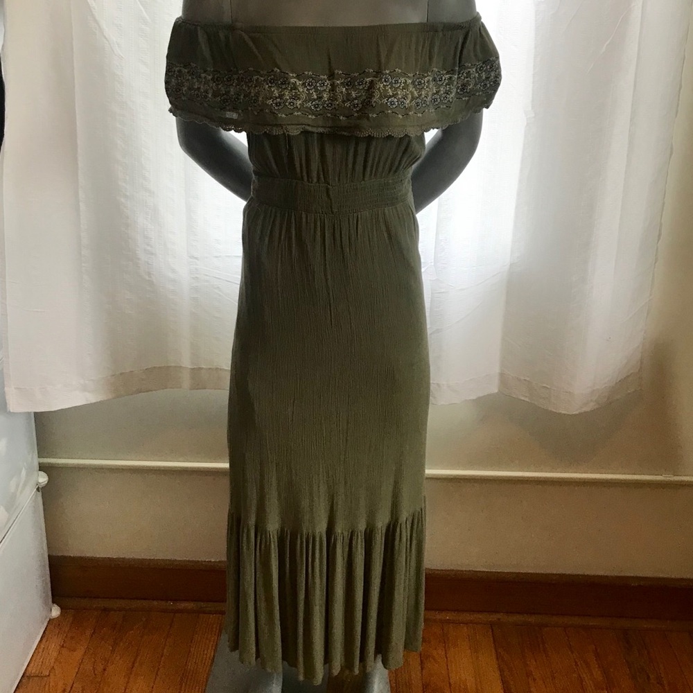 Green maxi dress with blue flower design